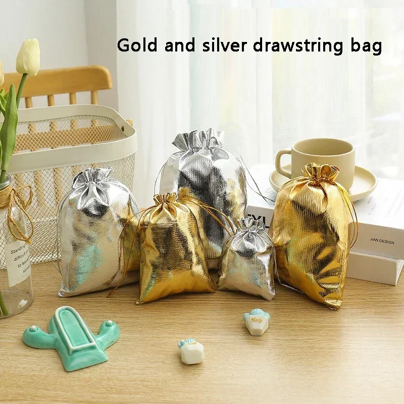 50pcs/Gold and Silver Cloth Bag Bundle Mouth Jewelry Play Jewelry Bag/Small Cloth Bag Draw Rope Sparkly Bag