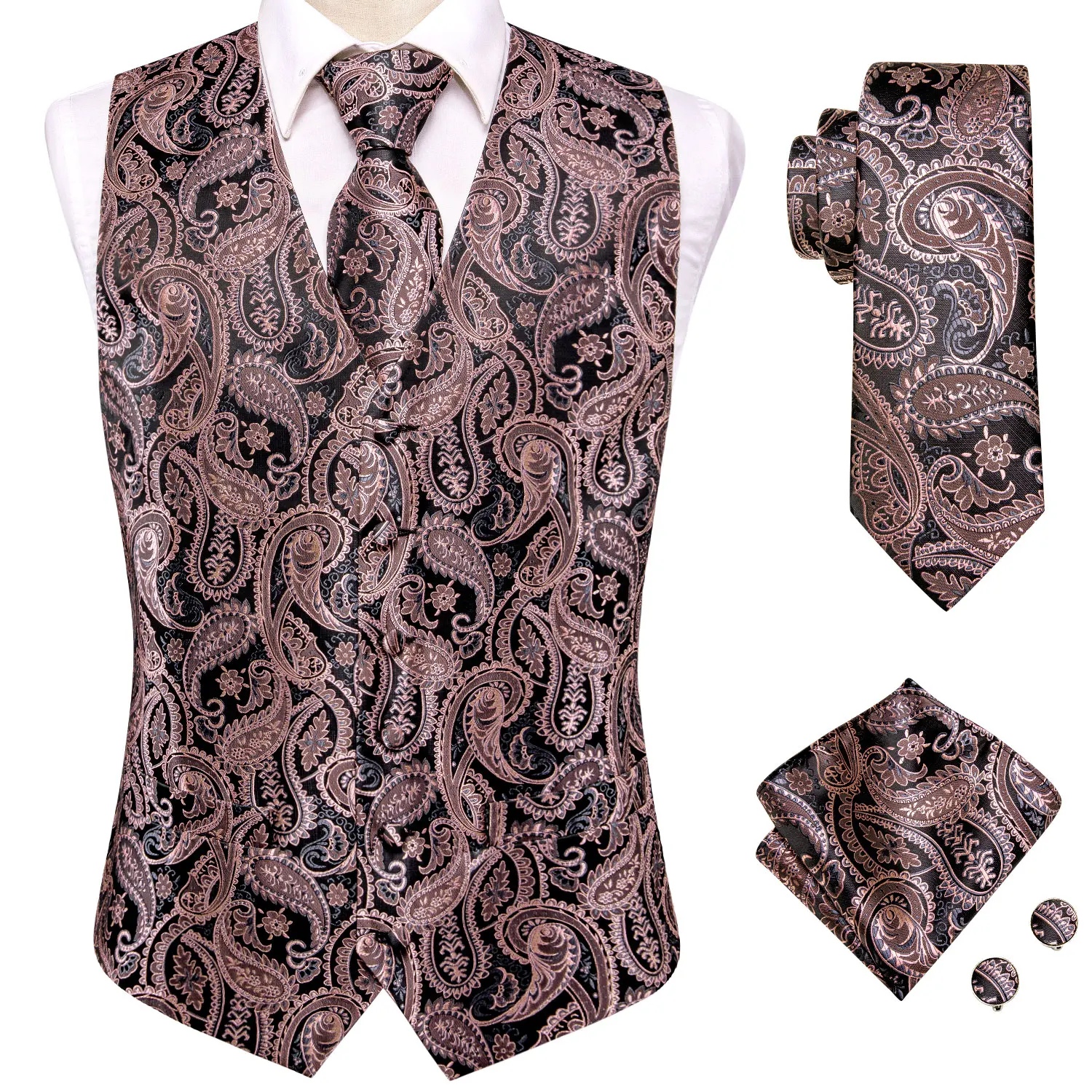 

Brown Coffee Silk Mens Vest Tie Set Jacquard Paisley Sleeveless Jacket Suit Waistcoat Necktie Hanky Cuff links Wedding Business