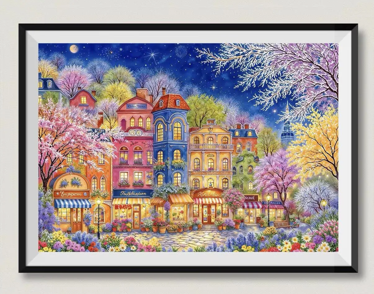 

9CT 14ct Night Street Printed Kit Cross Stitch Embroidery DIY Needlework Home Decor Crafts With Needles Threads