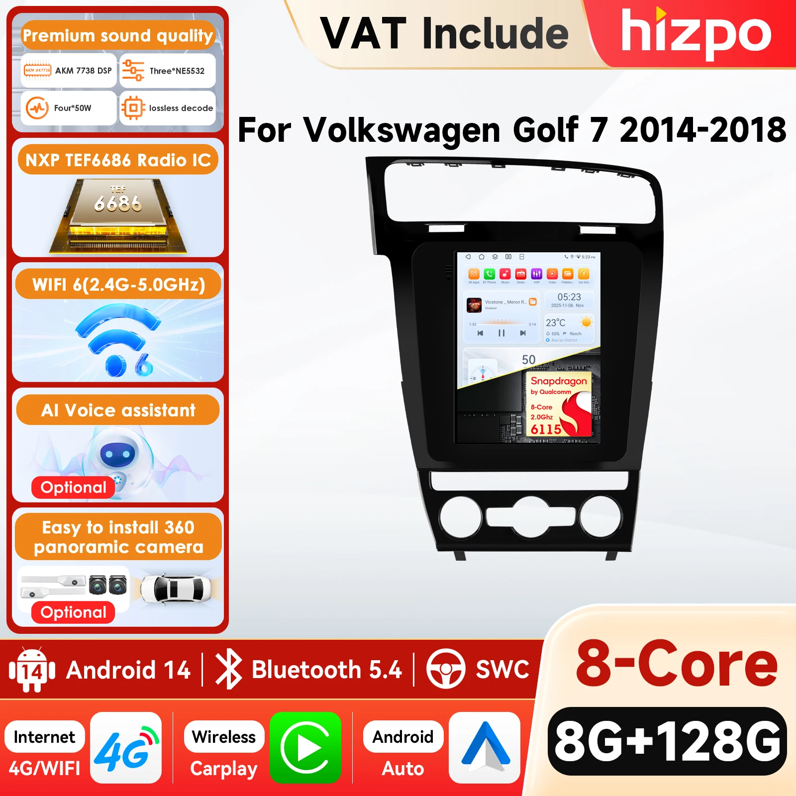 Sistema Multimediale per Auto Stile Tesla 9.7 6115 AI con 4G Carplay Android Auto per VW Golf 7 2014-2018, Navigazione GPS, Stereo, WIFI, RDS