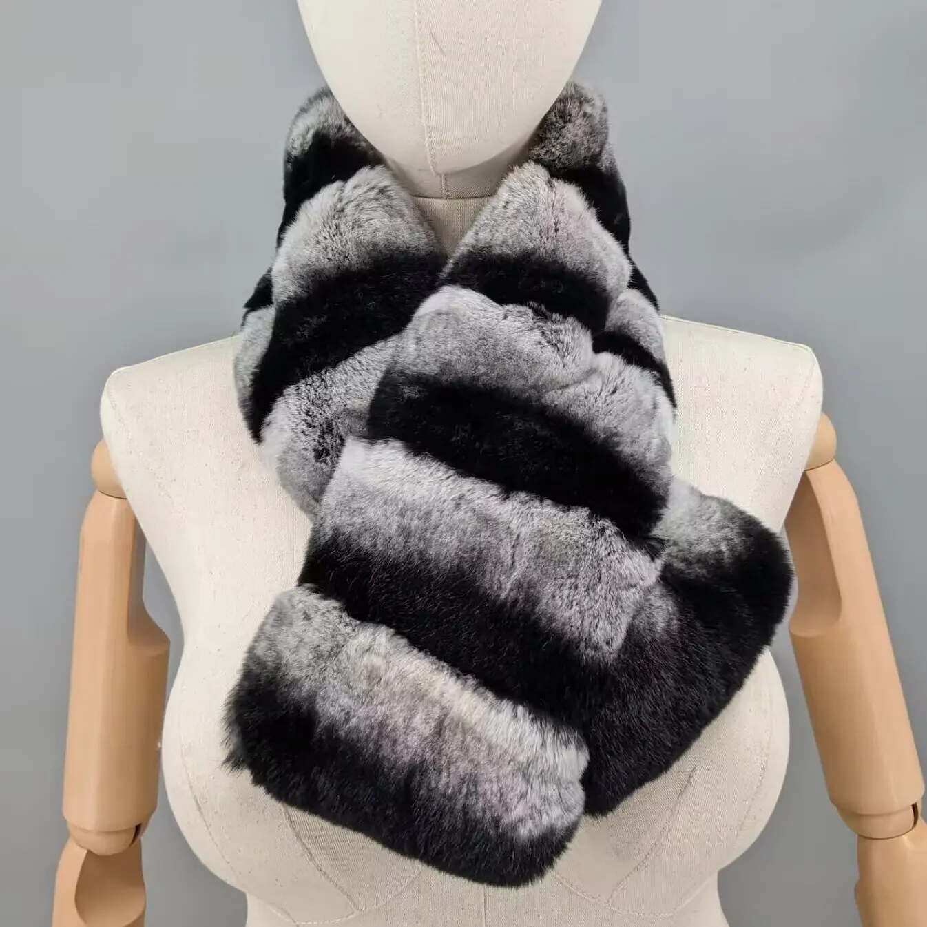 women-chinchilla-tone-striped-short-real-rex-rabbit-fur-black-scarf-plush-soft-luxury-warm-winter-fur-neck-wrap-24a0348