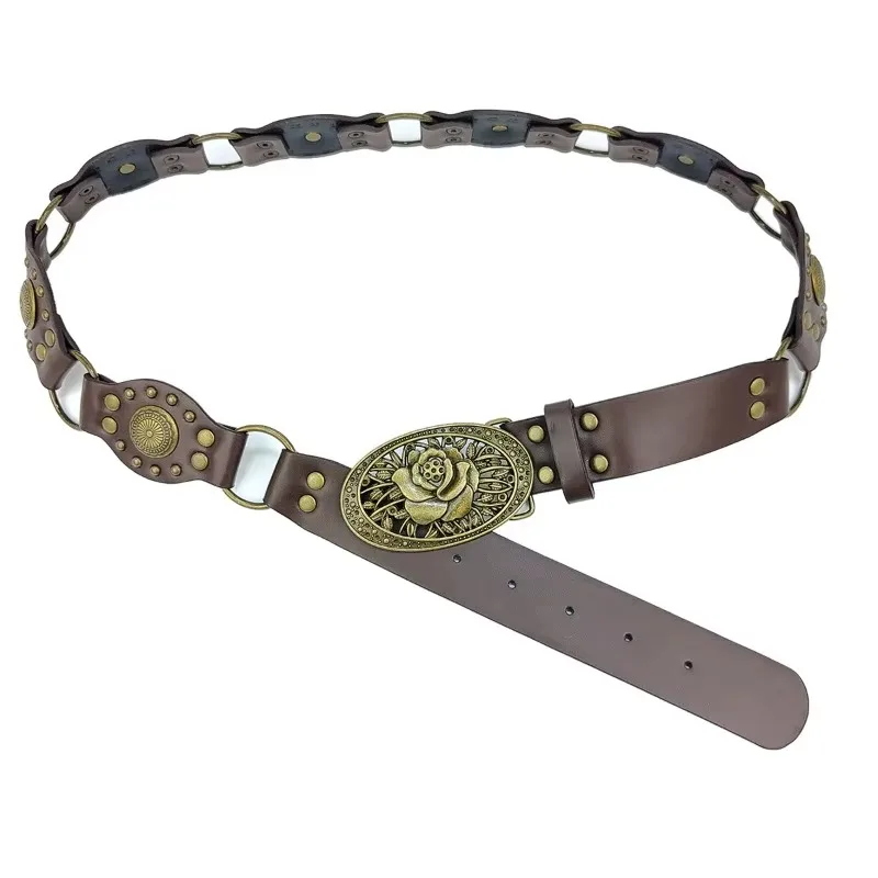 

Винтажный пояс в стиле вестерн в богемном стиле, женский костюм с заклепками, лоскутная цепочка из искусственной кожи, круглое металлическое кольцо, антикварный пояс с пряжкой