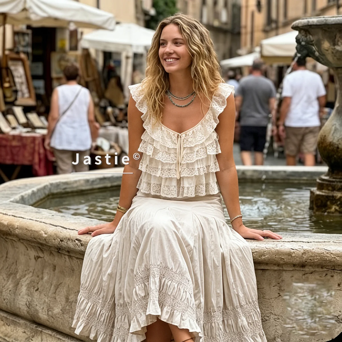 2026 French Vintage Cotton Khaki Midi Skirt Women High Waist Smocked Ruffle Hem A-Line Skirts Boho Beach Jupe Femme Streetwear