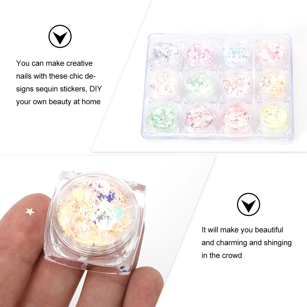 12 Bottles Nail Sequin Stickers Star Moon Nail Art Decals Chic Creative Designs for Birthday Holiday Party Women Girls