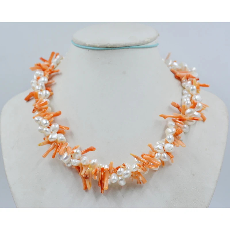 

Stylish and sophisticated. Natural white baroque pearls and natural coral beaded necklace. (the last one)