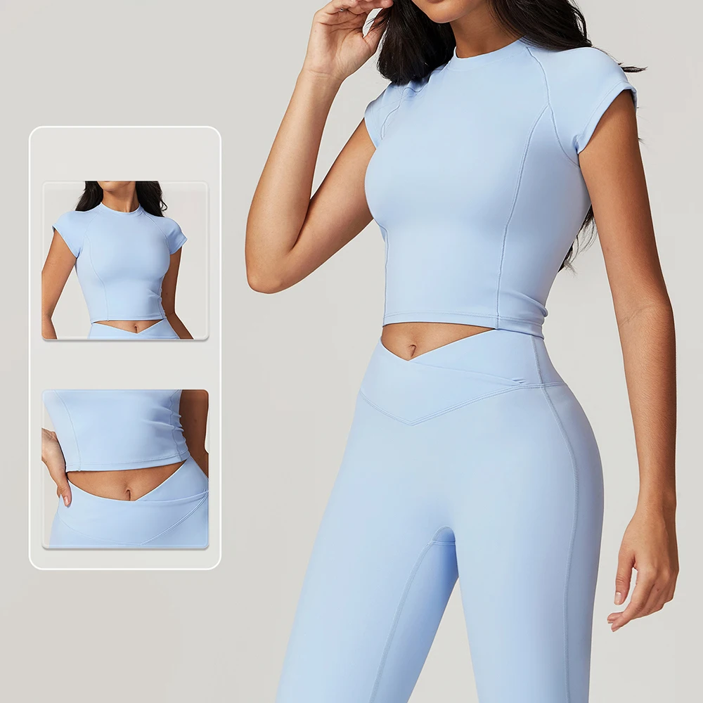 

Women's 2PCS Yoga Sportswear Set Gym Workout Fitness Clothes Short Sleeve Crop Top High Waist Leggings Sport Suit