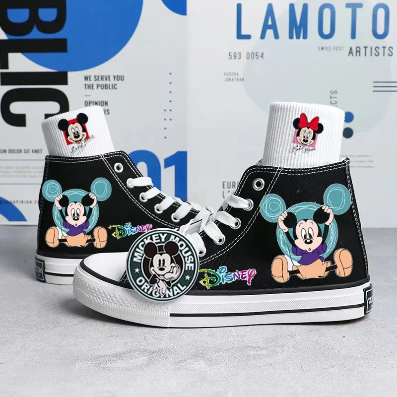 

Spring Autumn Cartoon Mickey Minnie Canvas Shoes Hand Drawn Skateboard Shoes for Male Female Students Korean High Top Sneakers