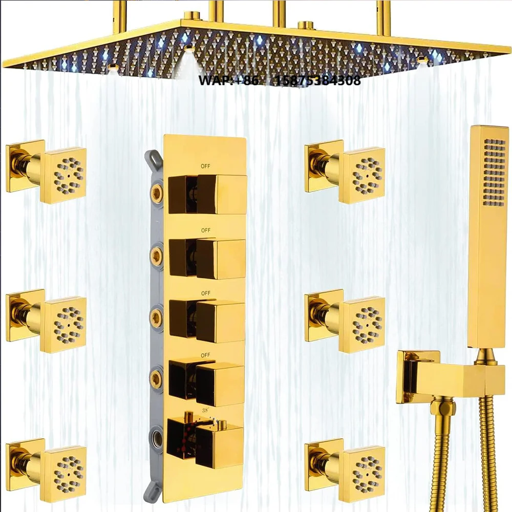 High Quality  16 Inches Brass LED Thermostatic Shower Sets Four Functions Rain Shower Faucets Sets Gold Shower System Set