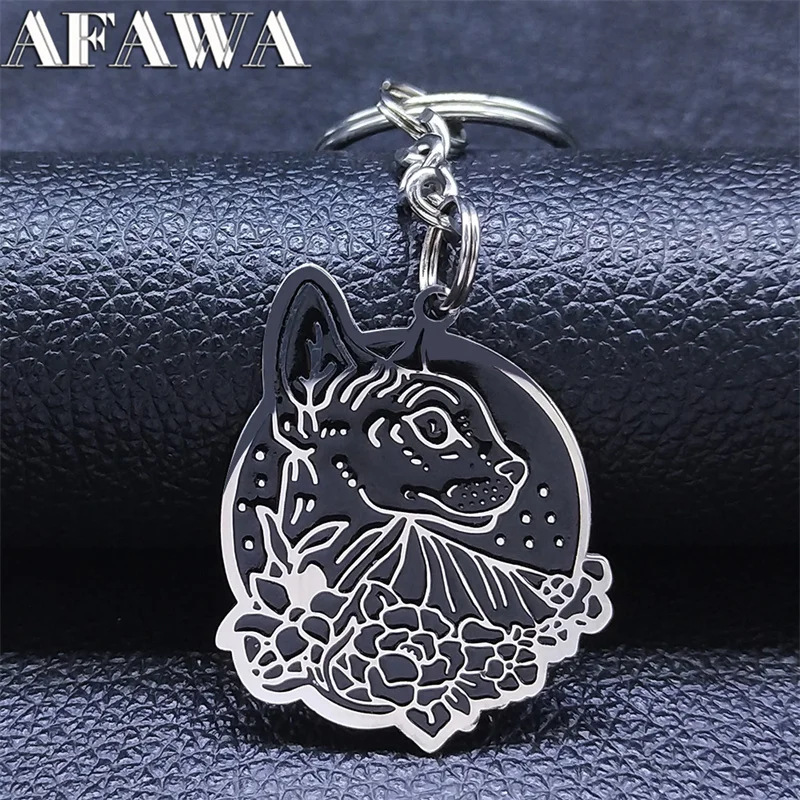 Gothic Animal Canadian Hairless Cat Keychain Women/Men Witchcraft Sphynx Flower Key Accessories Jewelry porte clef mignon K2855