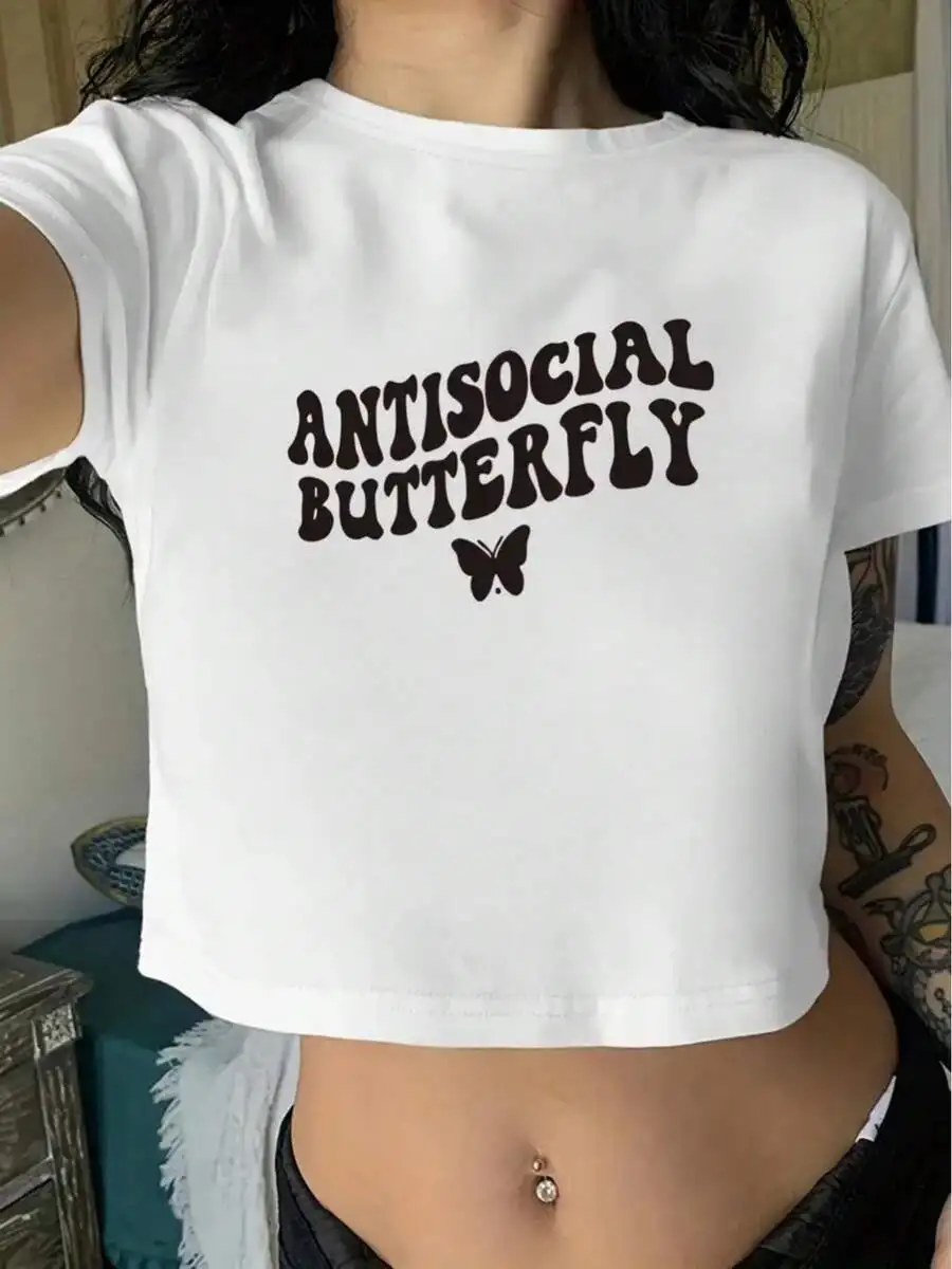

Womens Cropped Tee With Bold Antisocial Butterfly Print – Soft, Breathable Casual Top For Everyday Wear
