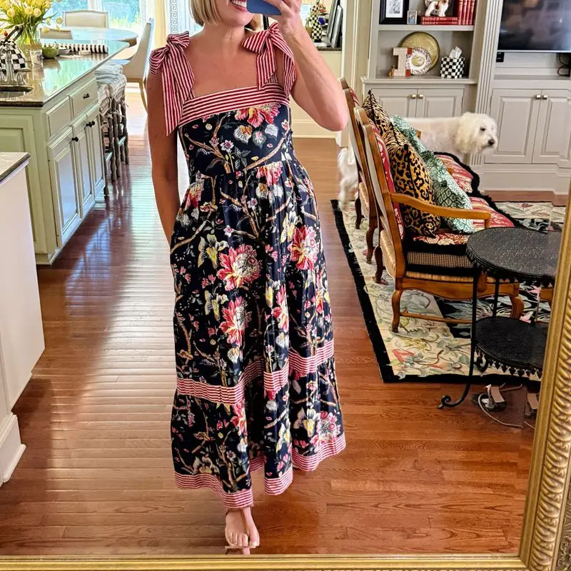 Combhasaki Women Summer Boho Wide Straps Bow Tied Shoulder Straps Square Neck Floral Striped Print Swing A-line Tank Long Dress