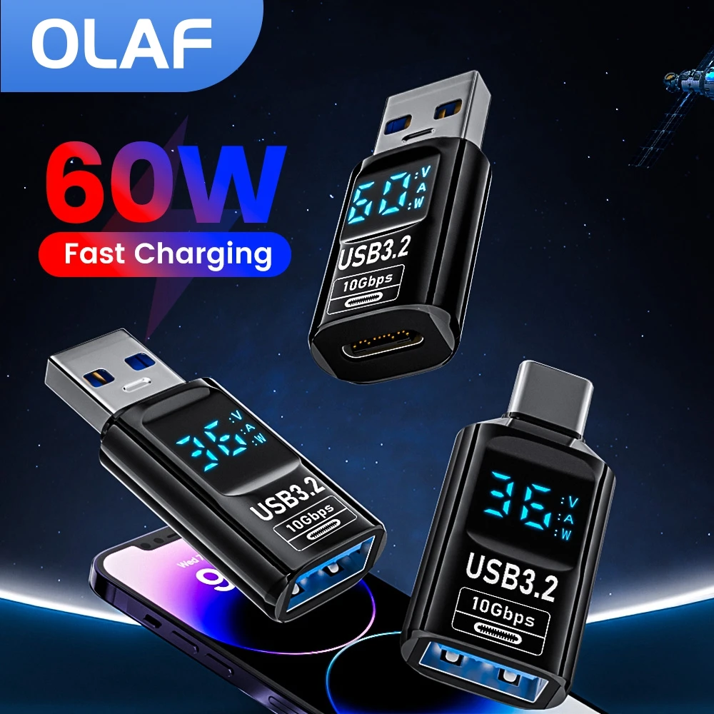 Adapter USB 3.2 z cyfrowym wyświetlaczem 10 Gb/s Konwerter USB męski na USB żeński Szybkie ładowanie Transfer danych Adapter USB C do laptopa PC