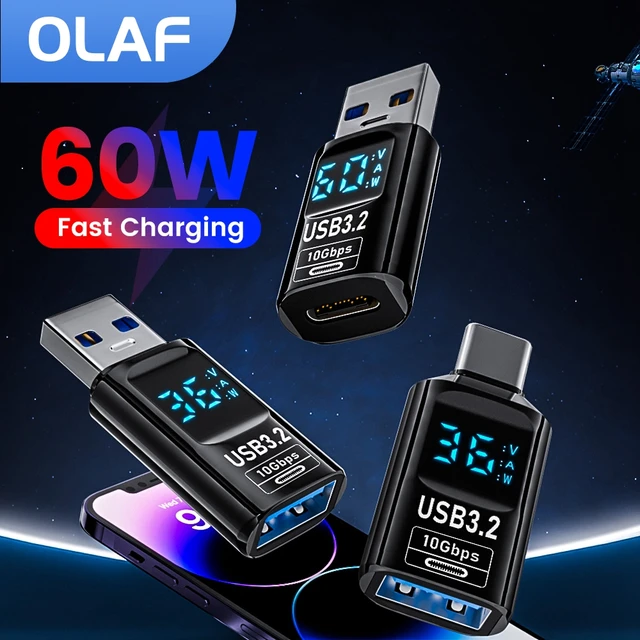 Adapter USB 3.2 z cyfrowym wyświetlaczem 10 Gb/s Konwerter USB męski na USB żeński Szybkie ładowanie Transfer danych Adapter USB C do laptopa PC