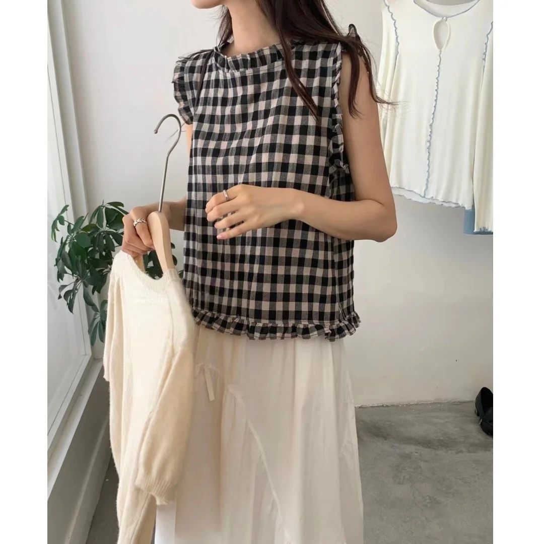 

Summer Plaid Ruffle Collar Sleeveless Shirt Vest Tie Back Open Back Top Sweet Style Loose Fit Casual Wear for Young Women