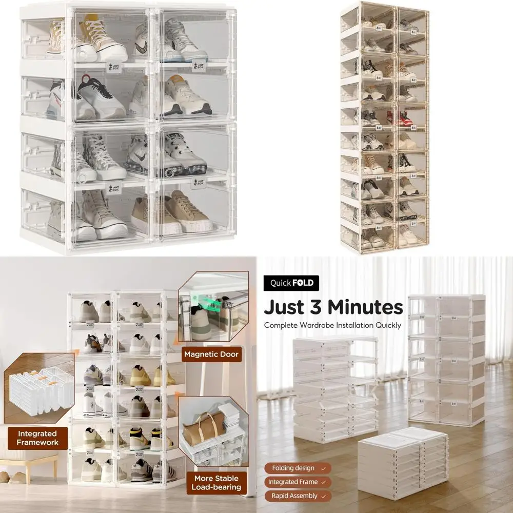 منظم رف الأحذية القابل للطي: تخزين بلاستيكي موفر للمساحة للخزائن والمداخل، صندوق أحذية كبير وقوي قابل للتكديس #1