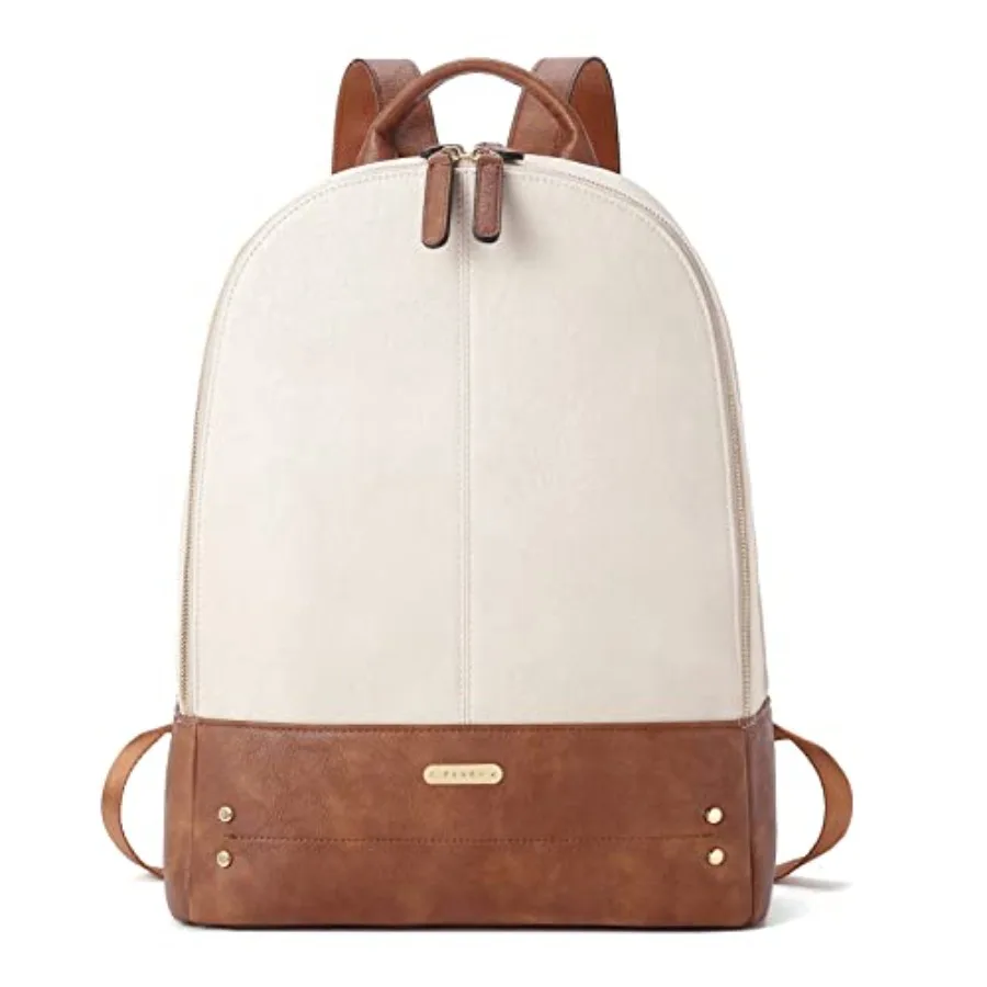

Laptop Backpack for Women Leather 15.6 inch Computer Backpack Travel Vintage Large Bag Beige With Brown