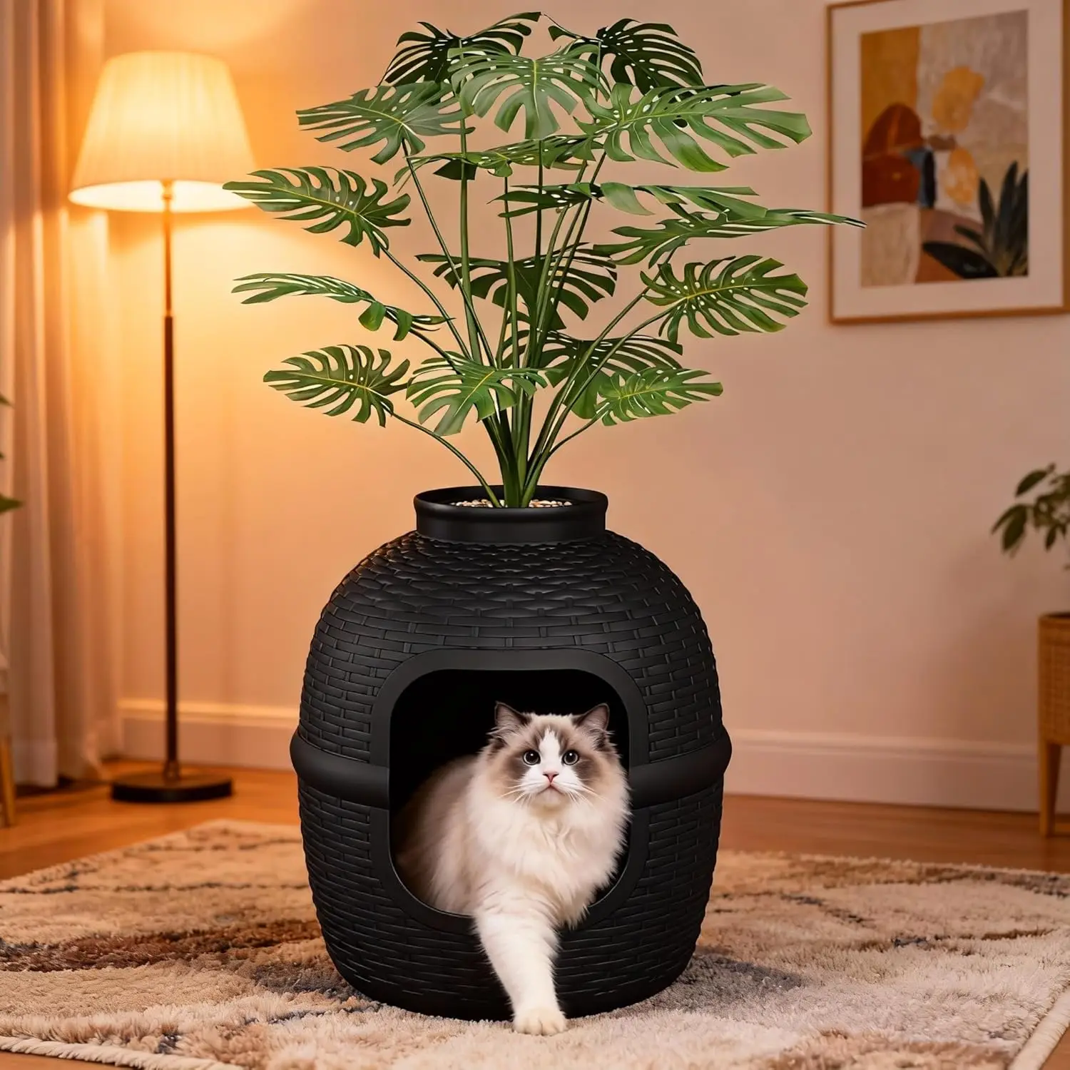 Große Katzenklo-Einhausung mit Rattanmuster und Kunstpflanze, Robustes PP-Material für die Heimdekoration