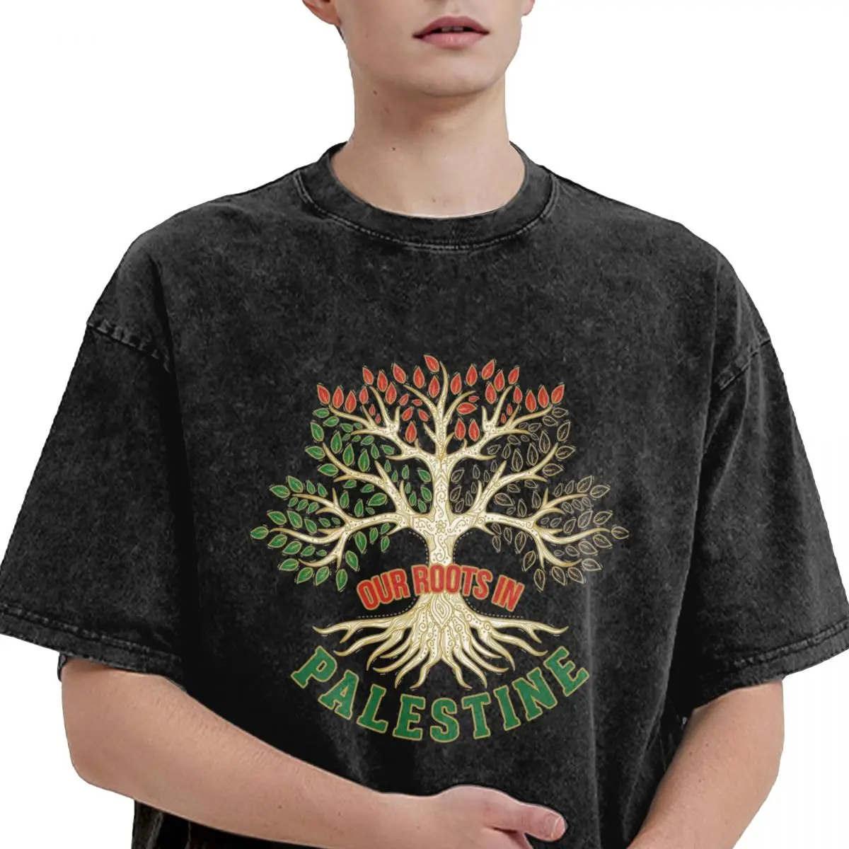 Palestine Tree Washed T Shirts Streetwear Hip Hop Vintage T-Shirt Tee Shirt for Men Women Cotton Oversize Graphic