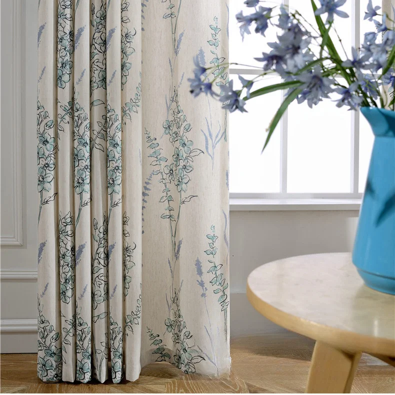 New American Style Fresh Cotton and Linen Printed Partition Bluey Window Curtains for Living Dining Room Bedroom Kitchen Home