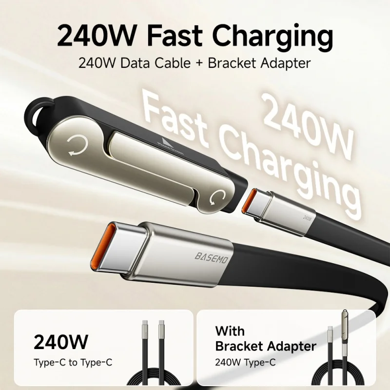 240W Super Fast Charging 360° Rotating Concealed Detachable 2 in 1 Stand Charging Data Cable For iPhone 17 16 Samsung S26 Xiaomi