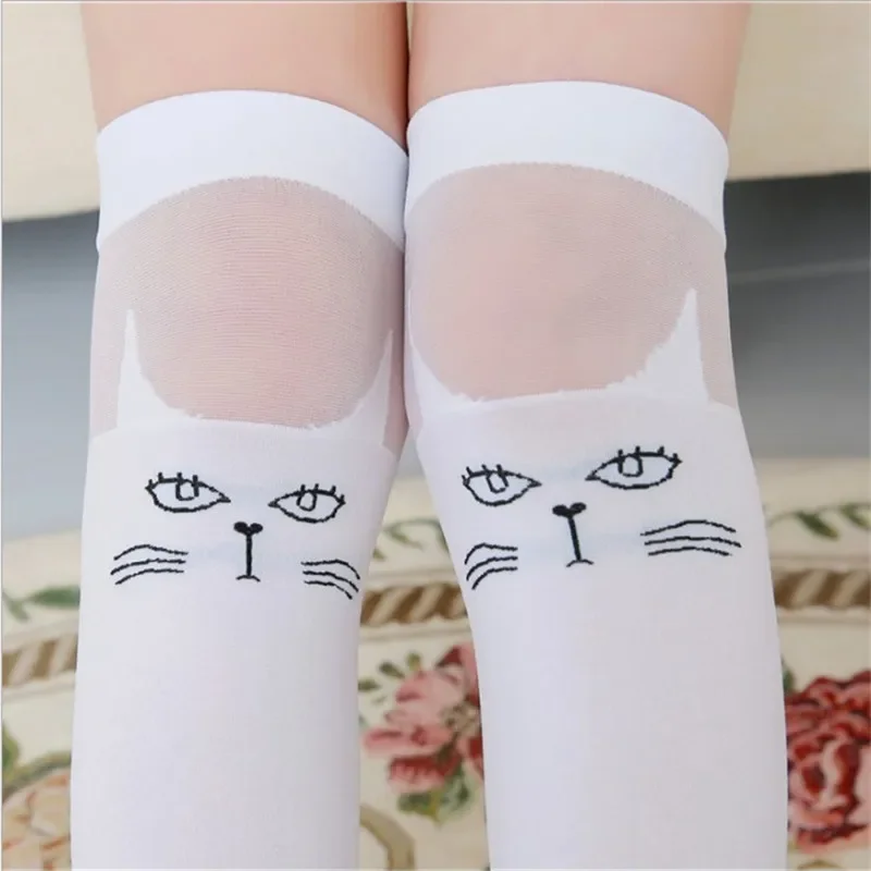 Summer Thin New Breathable Children Tube Socks Student Over The Knee Girls Stockings Cat Half High Tube White Black