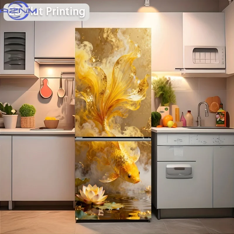 1pc 2D Pattern Printed Refrigerator Sticker , Golden Carp Leaping in Lotus Pond Wall Sticker Decoration Wallpaper Self-Adhesiv