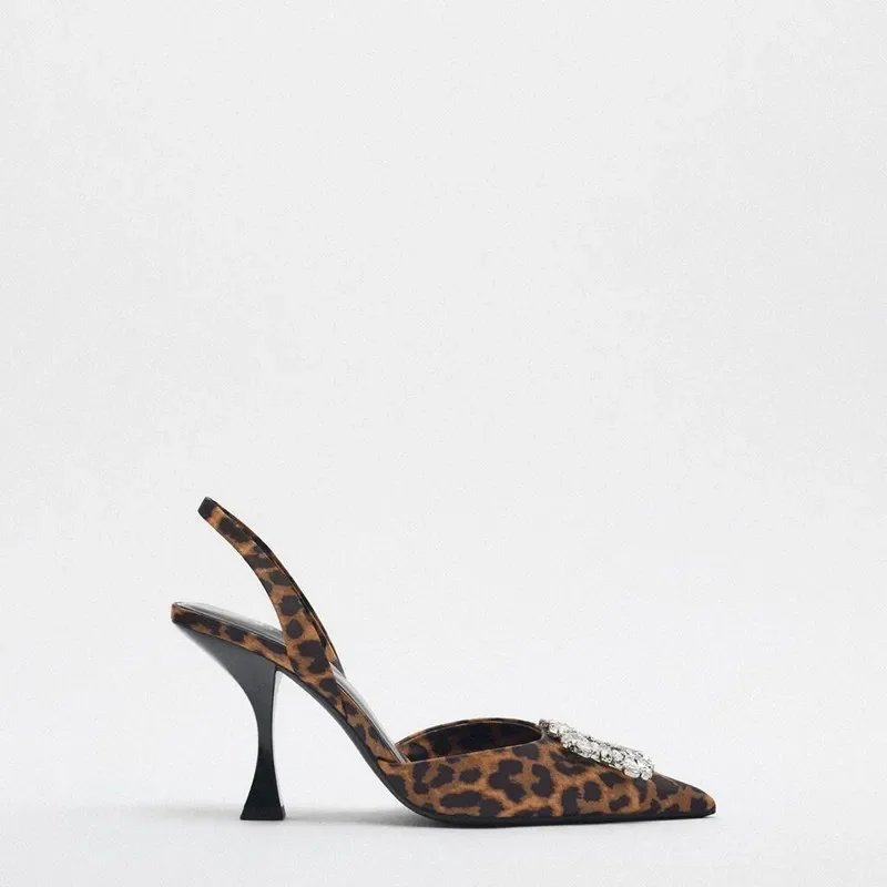 Sapatos leopardo de salto alto para mulheres, strass brilhante pontudo, slingback, moda verão, mulas, 2023