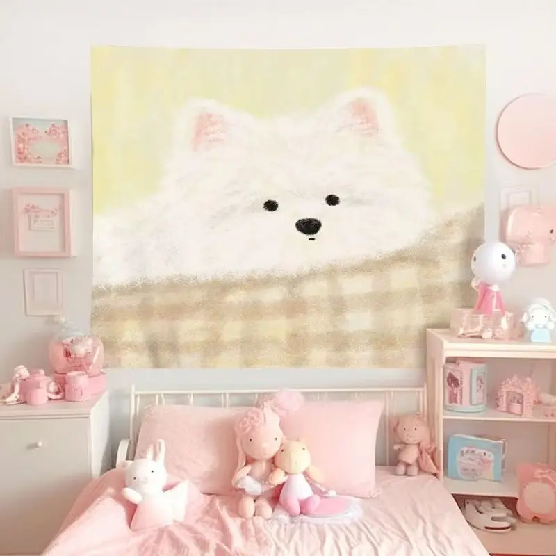 VIKAMA Fluffy Puppy Tapestry Korean Ins Style Wall Hanging Cute Dog Aesthetic Bedroom Dorm Room Decor Soft Polyester Backdrop