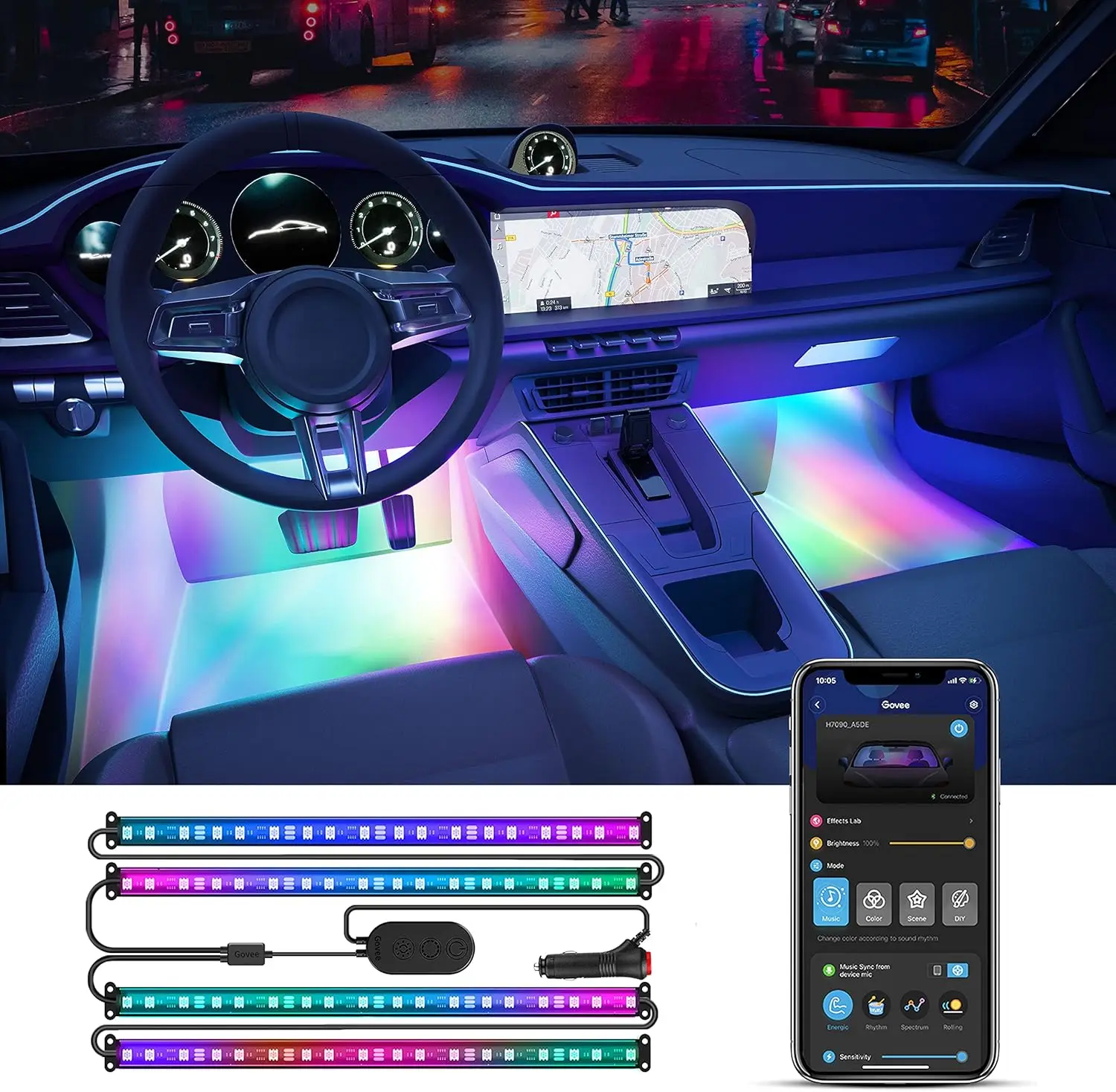 

Smart RGBIC Car LED Strip Lights with App Control, Music Modes, 16M Colors for Interior Decor