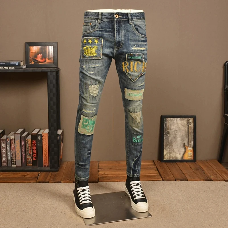 Street Fashion Men Jeans Retro Washed Blue Stretch Slim Fit Ripped Jeans Men Patched Designer Embroidery Hip Hop Denim Pants