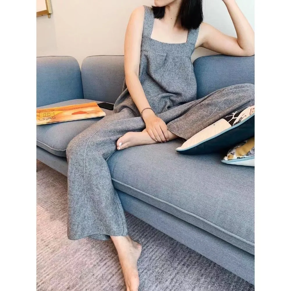 Women\'s Loose Knitted Overalls, Sleeveless Chic Jumpsuit, High Waist, Straight Wide Leg Pants, Spring Rompers, Summer, All-match