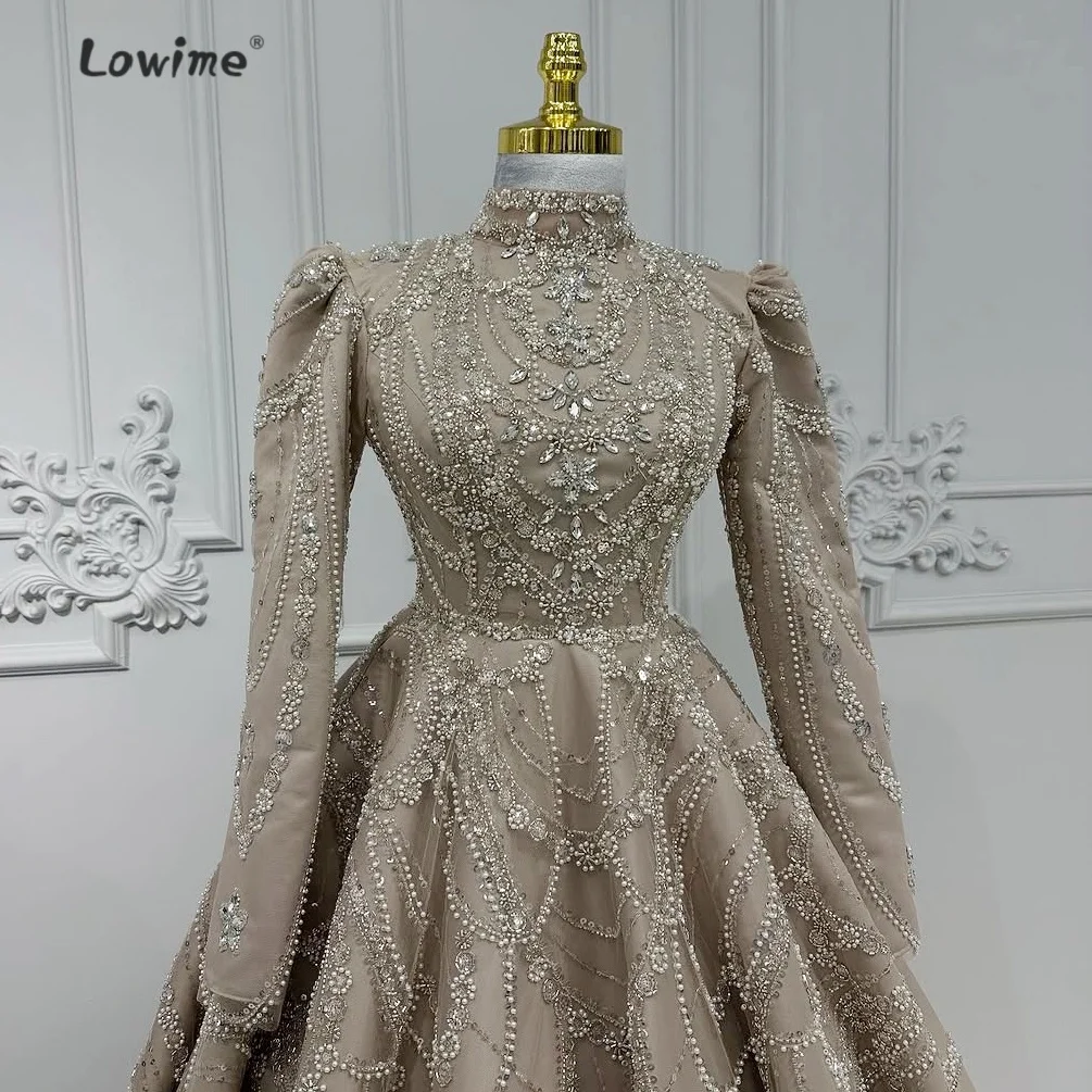 Retro Light Brown Muslim Evening Dress Beaded Embroidery Long Sleeve Evening Dress Rhinestone Women'S Grand Evening Dress