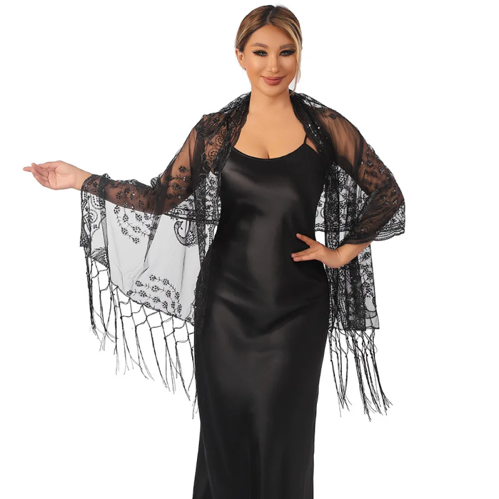 Peacock Embroidery Sequin Tassel Shawl Wrap Women Elegant Evening Party Dress Scarf Wedding Guest Accessories Stole
