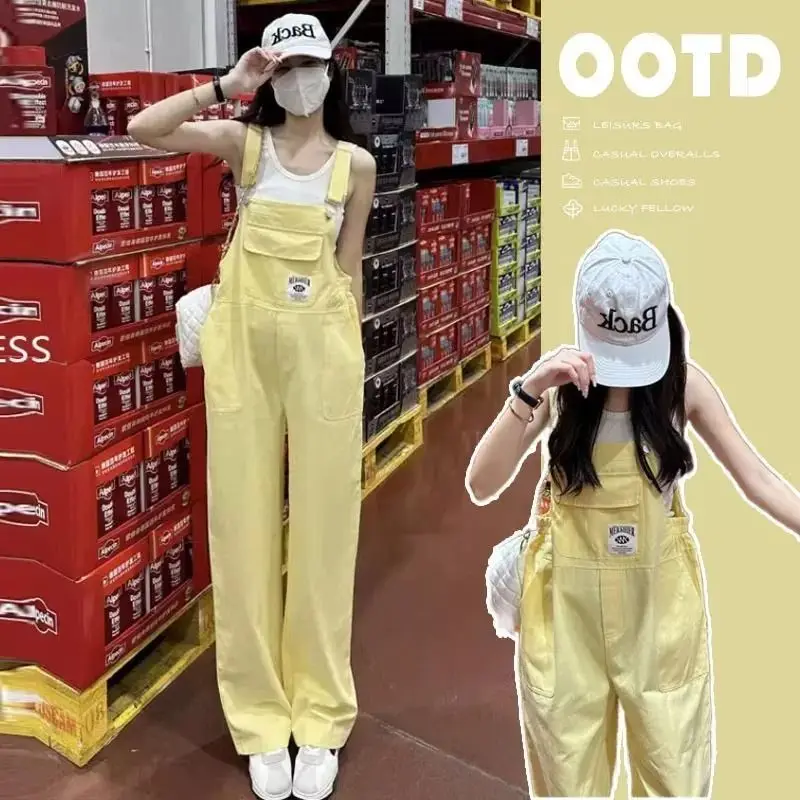 

Американские свободные повседневные джинсовые комбинезоны в стиле кэжуал для женщин: модные брюки с высокой талией и широкими штанинами из хлопка и полиэстера для лета