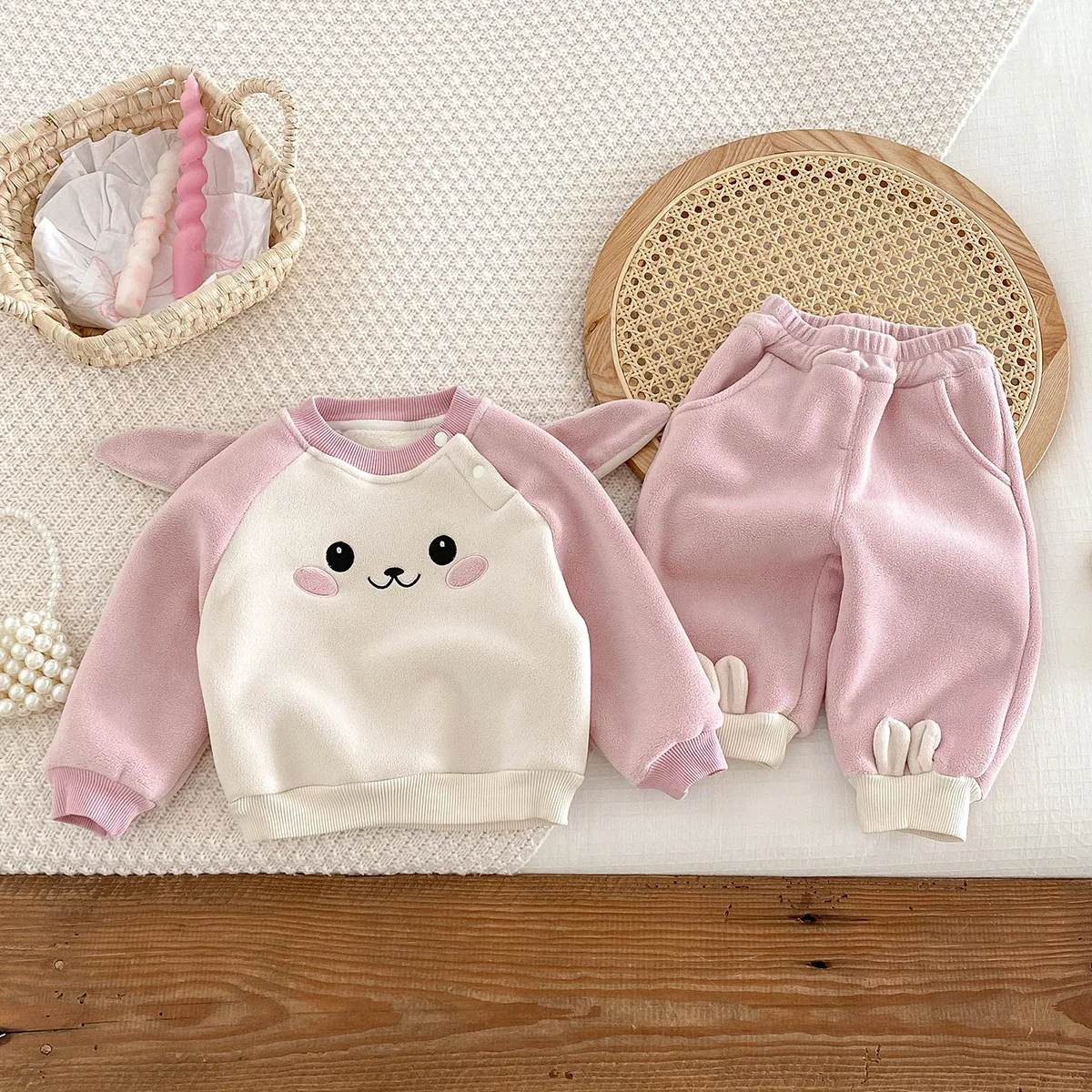 Autumn Winter Baby Girls 2PCS Clothes Set Cartoon Patchwork Sleeve Fleece Pullovers Loose Pants Suit Toddler Girls Tracksuit