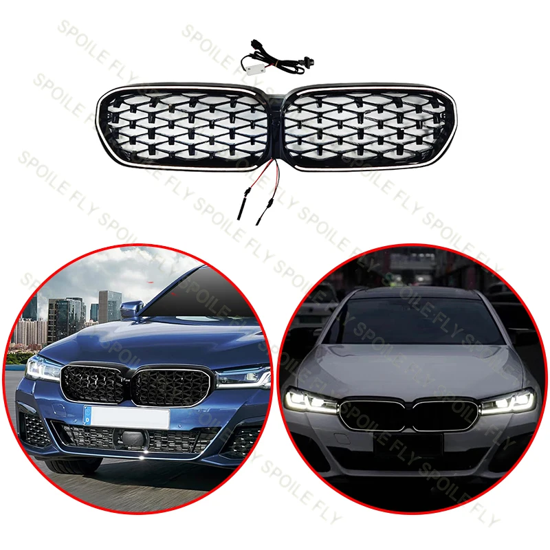 For BMW 5 Series G30 G38 G31 2021-2023 LCI Diamond/Star Style Car Front LED Luminous Grille Air Intake Protective Cover
