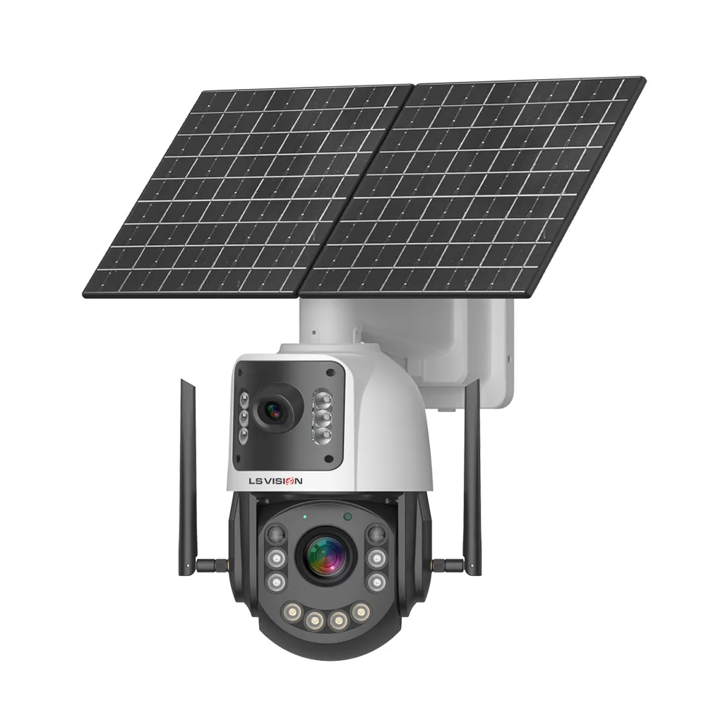 LS VISION 20W 야외 태양광 CCTV 카메라 4MP 듀얼 렌즈 및 50배 줌 24/7 방수 배터리 PTZ 플러드라이트 4G AOV 카메라