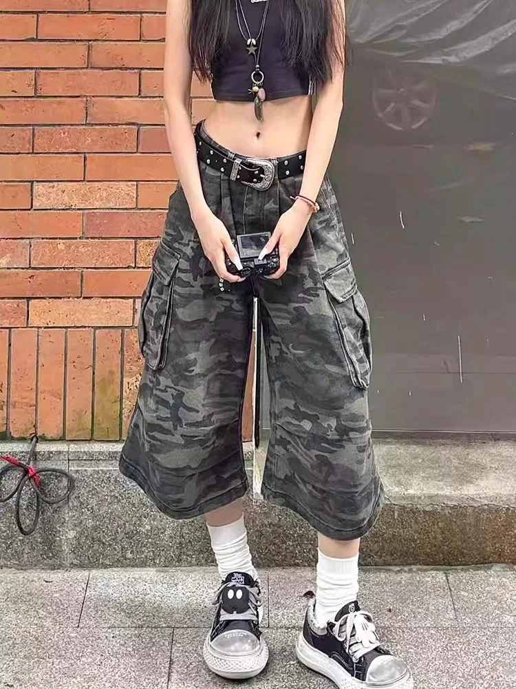 American Retro Camouflage Denim Seven-Foot Pants Men's Summer Trendy Streetwear Casual Loose Multi-ket Workwear orts