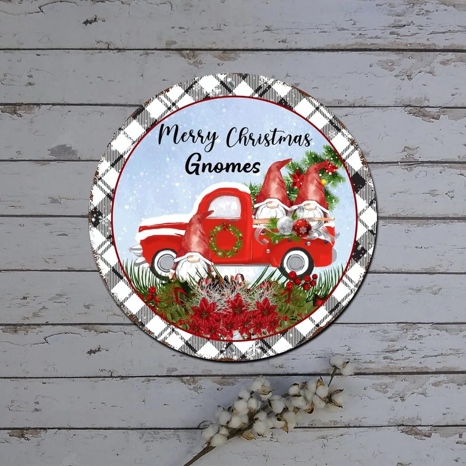 Christmas Metal Tin Signs Red Truck with Gnome Plaid Pattern Design Round Metal Tin Sign Christmas Decorations Wreath Shabby Met