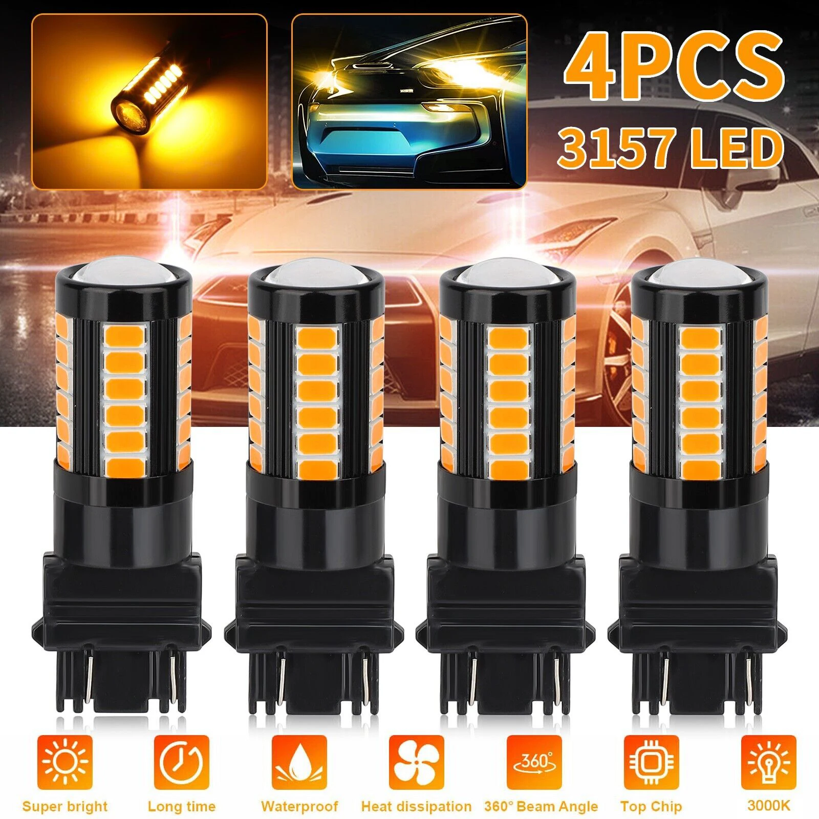 4pcs 3157 Led Bulb Aluminum Super Duty 33-SMD 3000k Amber Turn Signal Light Compatible For F150 F250 F350