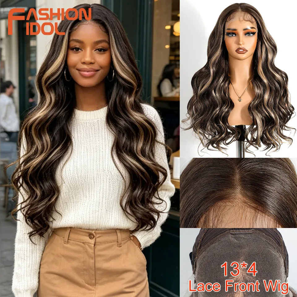 

FASHION IDOL 24inch Deep Wave HD Transparent Lace Front Wigs Synthetic Hair with Baby Hair Brown 13x4 Lace Frontal Wig for Women