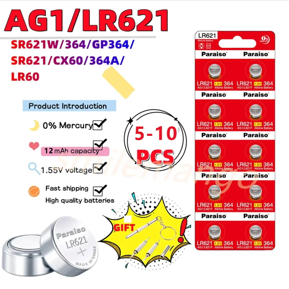 NEW High-Capacity 5-10PCS 1.55V AG1 LR621 364 164 531 SR621 SR621SW SR60 Button Battery For Watch Toys Remote Cell Coin Batterie