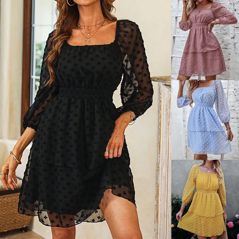 

Women's Dress 2023 New Short Skirt Fashion Square Neck Open Back Jacquard Skirt Casual Party Wear Elegant Translucent Clothing