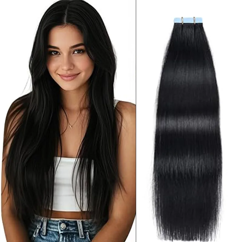 テープ式ヘアエクステンション 100%人毛レミーヘア 18インチ 50g シームレススキンウェフト シルキーストレート ナチュラルヘアエクステンション 女性用