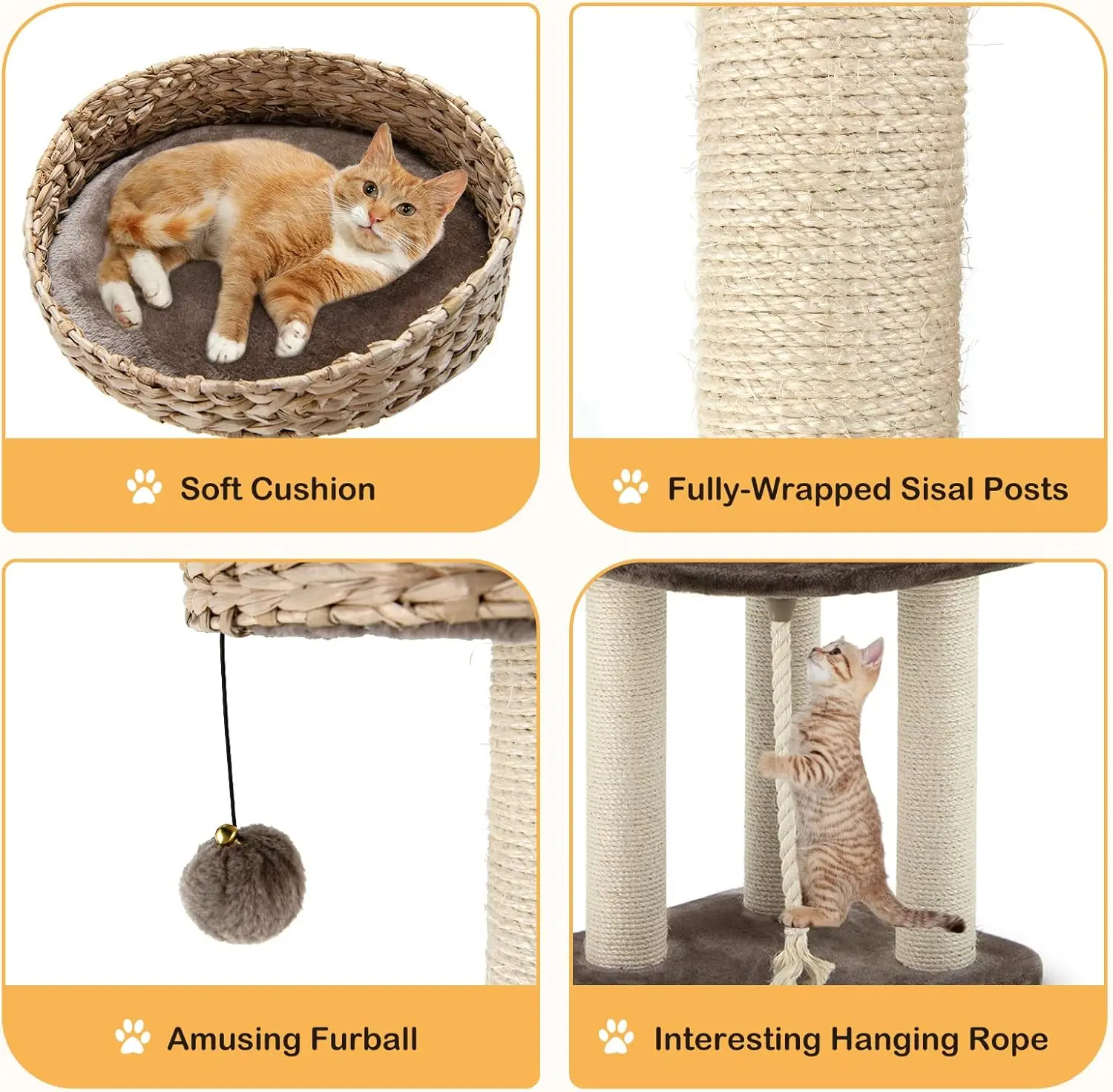 Indoor Cat Tree, Hand-Made Wicker, Multi-Level Design with Scratching Posts, Dangling Ball & Sisal Rope