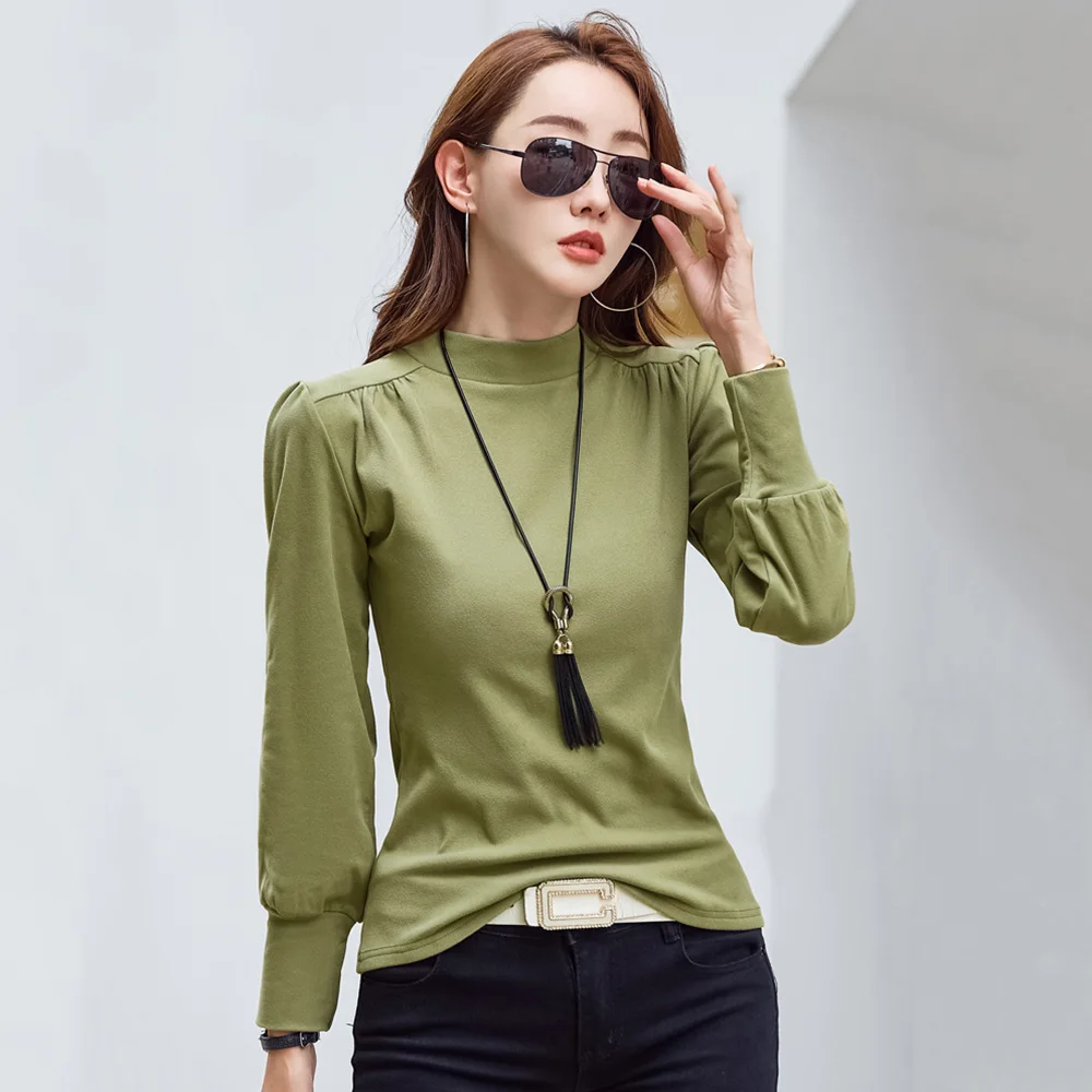 

New Women Half High Collar Bottomming Shirt Autumn Winter Fashion Simplicity Folds Design Lantern Sleeve Slim T-shirt Tops