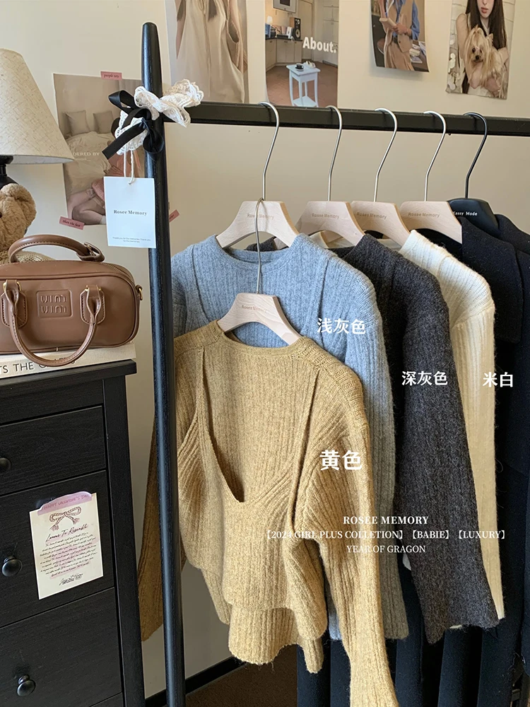 

Korean Fashion Autumn New Women Tops Sweater Patchwork Design Camisole Splicing Long Sleeve Casual Knitting Pullover Female