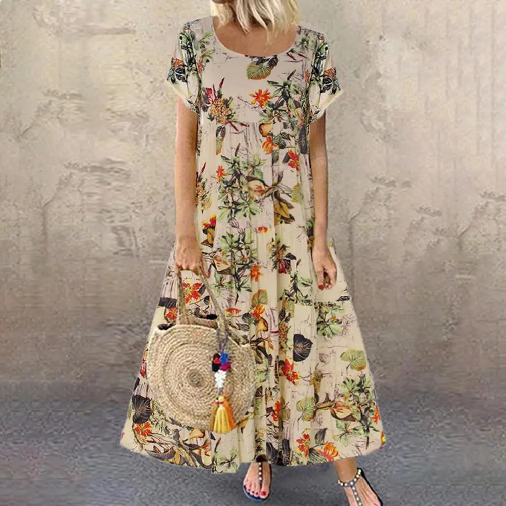 Retro Floral Print Long Dress Women Summer Short Sleeves Loose Type Big Hem O Neck Boho Beach Maxi Dresses Holiday Party Dress