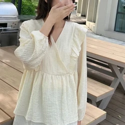 Japanese Style Sweet Spring Autumn Women's Solid V-Neck Ruffles Edible Tree Fungus Pleated Fashion Lantern Sleeve Shirts Tops