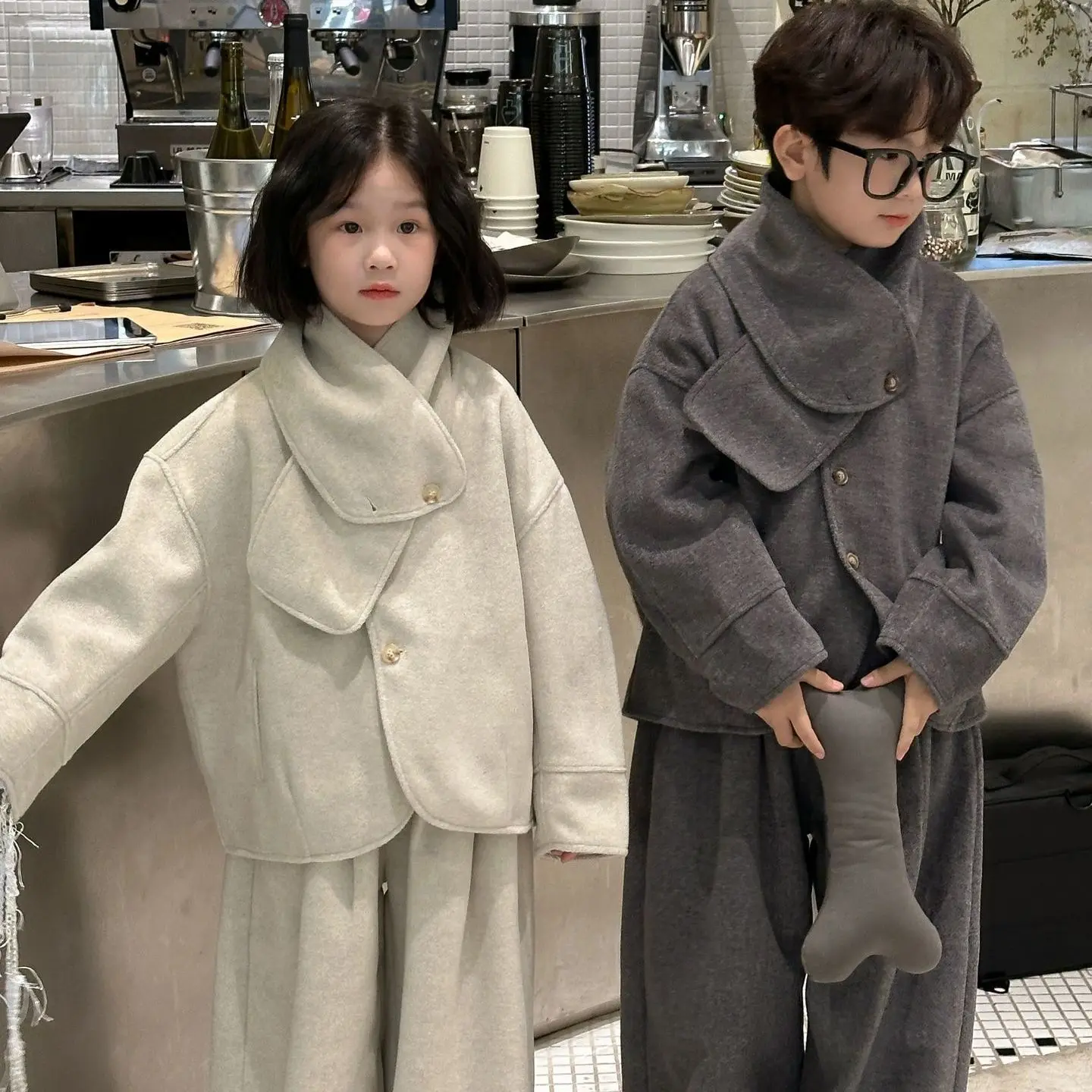 Fashion Boys Girls Suits Autumn Winter Solid color woolen Coat+ Loose Pants 2pcs Kids Sets Casual Sportwear Handsome Clothes image 2
